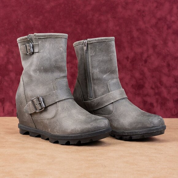 Sorel Wmn Joan Of Artic Wedge II Zip Grey Moto Biker Zip Lug Ankle Boots sz 7.5 - Picture 1 of 8
